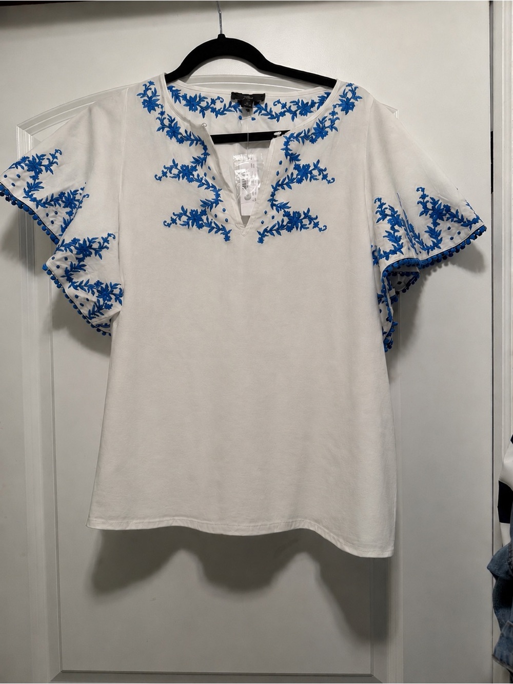 NWT J.Crew Flutter Sleeve Embroidered Trim Top White Blue Large - Picture 2 of 7